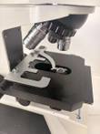 Objective nosepiece and mechanical stage with silver slide holder, VistaVision base at lower right
