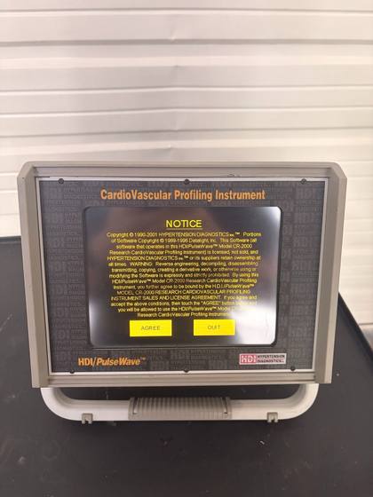 HDI PulseWave CR-2000 CardioVascular Profiling Instrument showing its notice screen with Agree and Quit buttons
