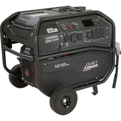 NorthStar e14000s generator seen from the engine end, e670 engine cover, control panel, wheels and handle bar