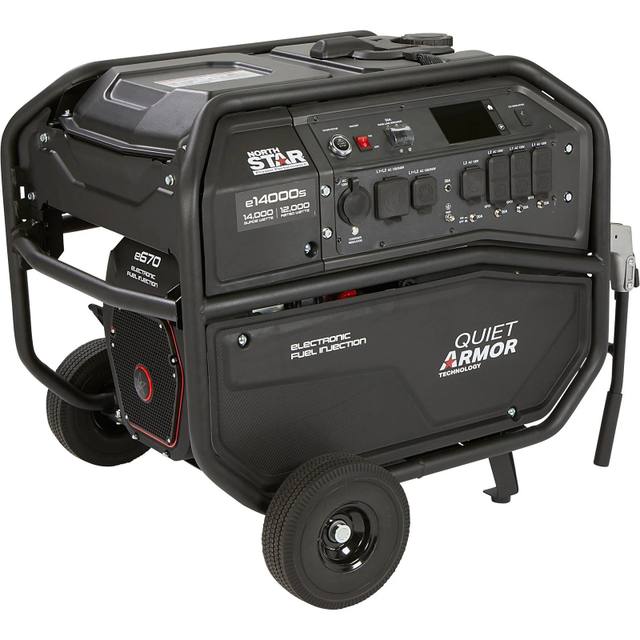 NorthStar e14000s generator seen from the engine end, e670 engine cover, control panel, wheels and handle bar
