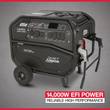 Graphic: NorthStar e14000s generator on a gray floor, captioned 14,000W EFI power, reliable high performance