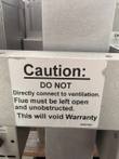 Lincoln Impinger oven caution label: do not connect directly to ventilation, flue must stay open