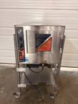 Front of Groen INTEK electric convection steamer on a casters stand, door closed with operating decal