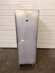 Front of EPCO holding and proofing cabinet on casters, closed aluminum door with latch and EPCO plate at top