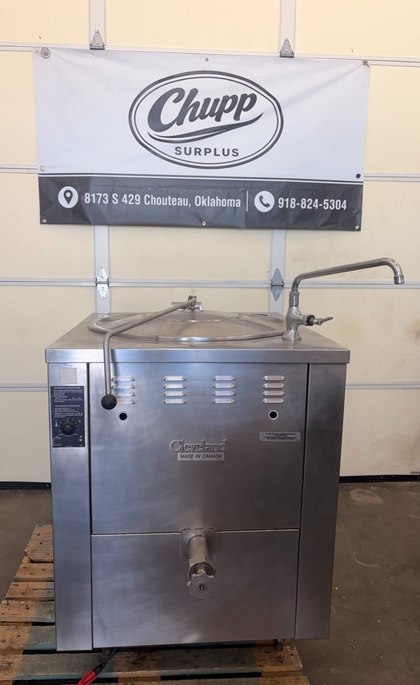Cleveland 40 gallon tilting steam jacketed kettle, front view with lid closed, faucet, control panel and drain valve
