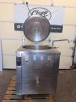 Cleveland 40 gallon tilting steam kettle, front view with lid raised, faucet, control panel and drain valve
