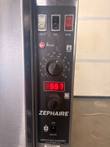 Zephaire control panel with heating light on, temperature dial, red digital display and timer knob
