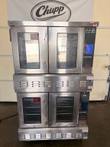 Lang Platinum gas double-stack convection oven, both doors closed, on casters