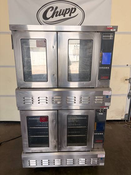 Lang Platinum gas double-stack convection oven, both doors closed, on casters
