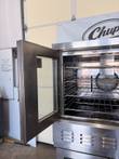 Upper Lang oven left door open, showing the wire racks inside