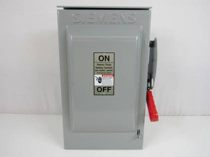 Siemens heavy duty safety switch, closed gray enclosure with ON/OFF plate, 60A 240VAC label and red handle