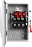 Siemens safety switch with door open showing three red fuse holders, terminal lugs and red handle