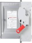 Siemens safety switch with door swung open, showing the label inside the door, mechanism and red handle