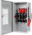 Open Siemens fusible safety switch with door label, red fuse blocks, fuse clips and red handle