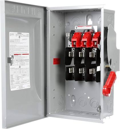 Open Siemens fusible safety switch with door label, red fuse blocks, fuse clips and red handle