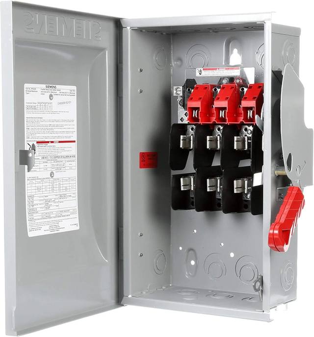 Open Siemens fusible safety switch with door label, red fuse blocks, fuse clips and red handle