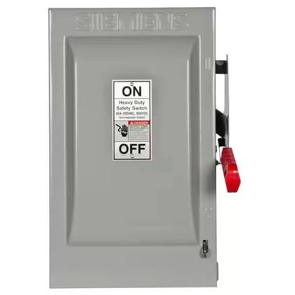 Siemens heavy duty safety switch, closed gray enclosure with ON/OFF plate reading 60A 600VAC 500VDC and red handle