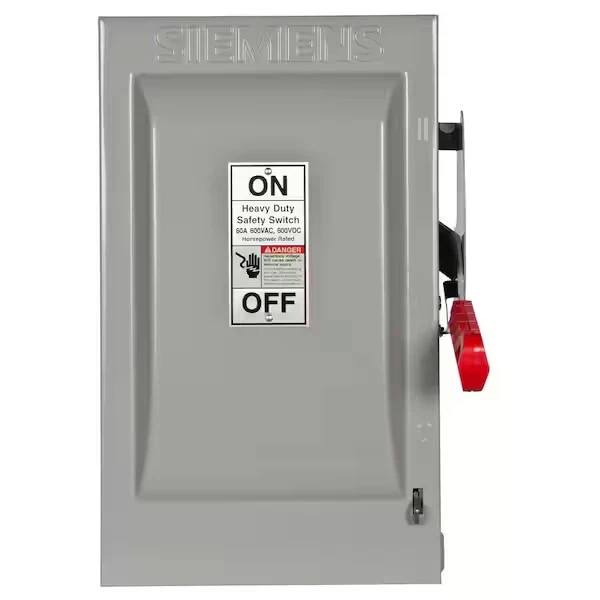 Siemens heavy duty safety switch, closed gray enclosure with ON/OFF plate reading 60A 600VAC 500VDC and red handle