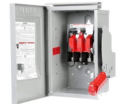 Siemens safety switch with door open showing red fuse blocks, a danger label and the red handle