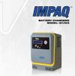 EnerSys IMPAQ EI1/EI3 industrial battery charger, gray case with yellow trim and LCD display, in a brochure graphic