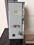 Square D starter enclosure, closed: disconnect handle, ON pilot light, HAND-OFF-AUTO selector, RESET button
