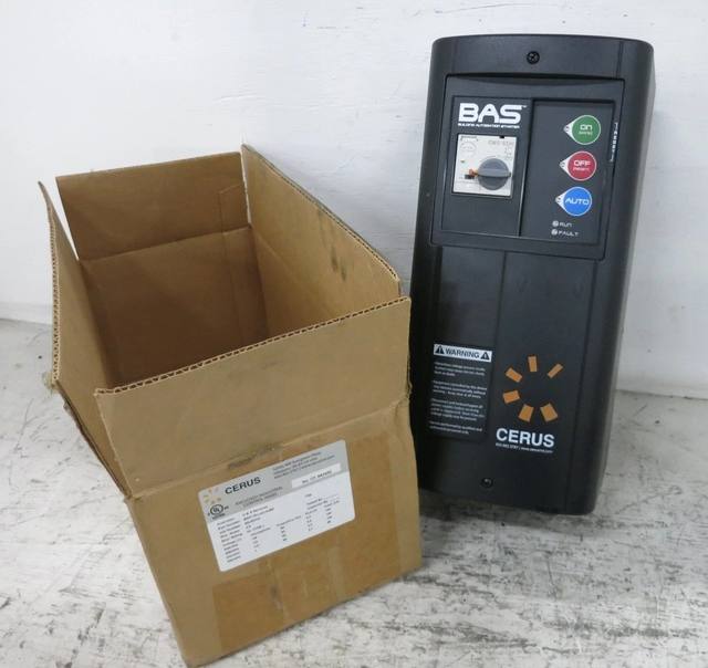 Black Cerus BAS starter with ON, OFF and AUTO buttons beside an open shipping box
