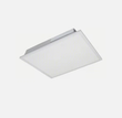 White 2x2 LED flat panel light fixture with silver housing, angled product image