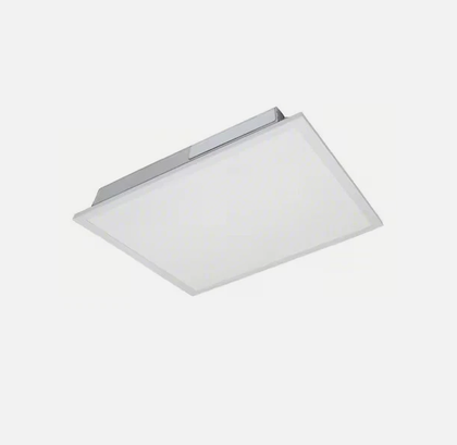 White 2x2 LED flat panel light fixture with silver housing, angled product image