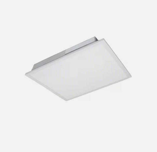 White 2x2 LED flat panel light fixture with silver housing, angled product image