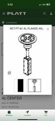 Phone screenshot of a Platt product page showing a line drawing of the RC7 poke-thru assembly