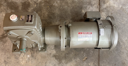 Mitsubishi Super Line brake motor bolted to a gray worm-gear reducer, shaft at left, red nameplate
