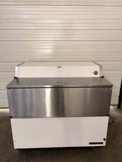 True TMC-49 mobile milk cooler, white with stainless front and top lid and a red digital temperature display