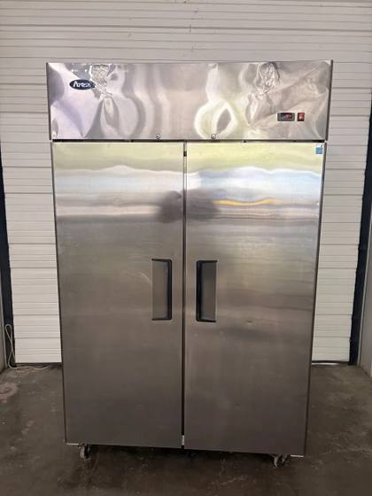 Atosa two-door stainless steel reach-in refrigerator on casters, doors closed, digital controller at the top