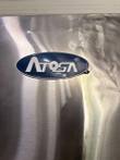 Blue oval Atosa logo badge on a stainless steel door