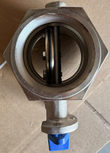 Threaded valve port from the other side, disc visible, flange and blue handle at the bottom
