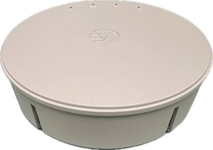 Round white Enterasys access point seen at an angle, showing the top and side