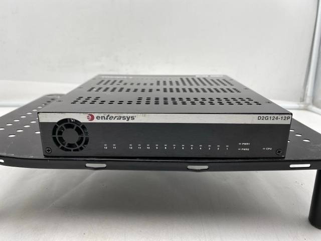 Enterasys D2G124-12P switch from the fan end, with port LED numbers along the front