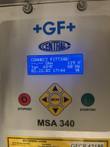 MSA 340 display reading CONNECT FITTING! at 119 V, 60 Hz and 69°F, with keypad and start/stop buttons