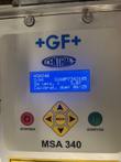 MSA 340 display showing model, software version 3.07 and calibration due 06/25, with keypad and start/stop buttons